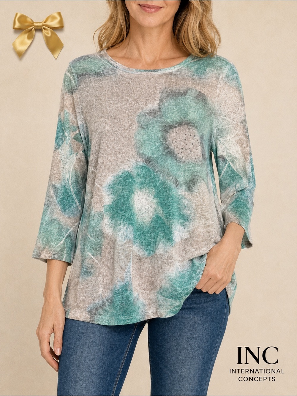 INC International Concepts XL Floral Print Embellished 3/4 Sleeve Top